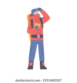 Man Character with Backpack Searching for Route Vector Illustration
