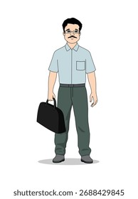 Mann Charakter mit Tasche Front Vektor, Cartoon Office man Charakter, Bürotasche, Illustration, Vektorkunst