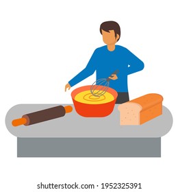 man character are baking the cake, flat illustration vector graphic