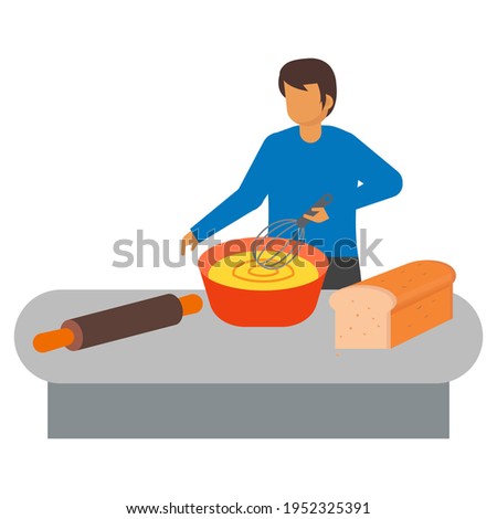 man character are baking the cake, flat illustration vector graphic