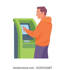 Man Character at Bank Terminal Cash Withdrawing Vector Illustration