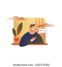 Man Character in Baseball Cap with Smartphone Looking Out of Window Sitting at Home Peeping Outside Vector Illustration. Male Peeking Out from Their Apartment