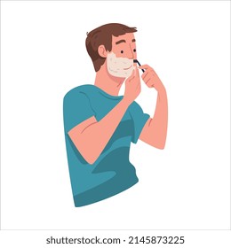 Man Character In Bathroom Doing Hygiene Procedure Shaving with Razor Vector Illustration