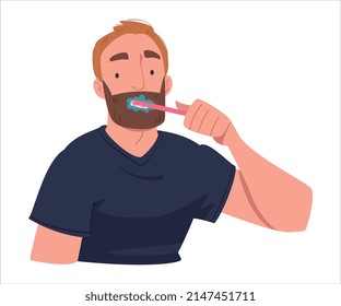 Männlicher Charakter im Badezimmer mit hygienischen Verfahren, das Zähne Vektorgrafik bricht