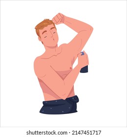 Man Character In Bathroom Doing Hygiene Procedure Putting on Deodorant Vector Illustration