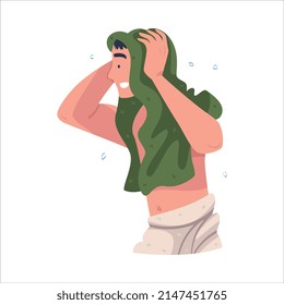 Man Character In Bathroom Doing Hygiene Procedure Drying Wet Hair with Towel Vector Illustration