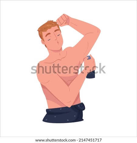 Man Character In Bathroom Doing Hygiene Procedure Putting on Deodorant Vector Illustration