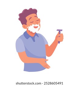 Man Character in Bathroom Shaving Enjoy Morning Routine Vector Illustration