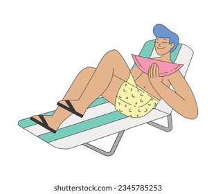 Man Character at Beach Sunbathing Lying on Deck Chair with Watermelon Vector Illustration