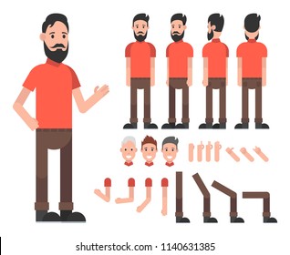 Man character with beard. Front, side, back view animated characters. Vector illustration.