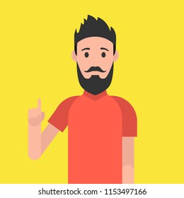 Man character with beard. Man with a joyful face and a raised index finger. Concept of a great idea. Vector illustration.