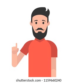 Man character with beard. Man with a joyful face and a raised index finger. Concept of a great idea. Vector illustration.