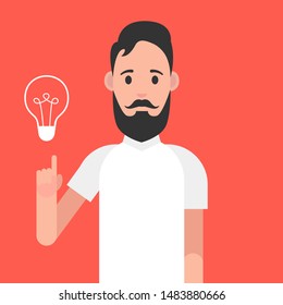 Man character with beard. Man with a joyful face and a raised index finger. Concept of a great idea. Vector illustration.