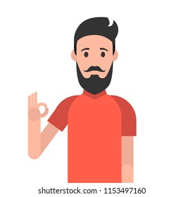 Man character with beard. Man is showing a gesture Okay. Vector illustration.