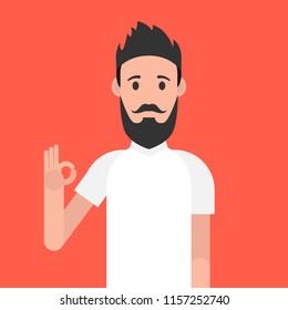 Man character with beard. Man is showing a gesture Okay. Vector illustration.