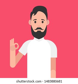 Man character with beard. Man is showing a gesture Okay. Vector illustration.