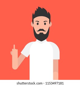 Man character with beard. Man is showing the middle finger. Obscene gesture. Vector illustration.