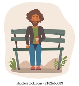 Man character with beard sitting on a bench with coffee or tea cup beverage in the park. Flat cartoon vector illustration in trendy warm beige palette.