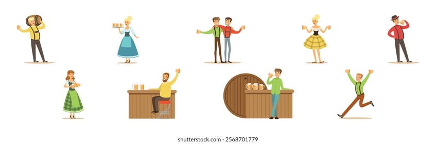 Man Character with Beer Relaxing at Pub or Bar and Woman Waitresses Vector Set