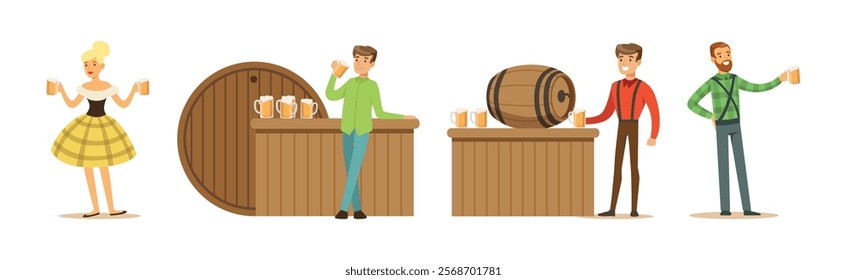 Man Character with Beer Relaxing at Pub or Bar and Woman Waitresses Vector Set