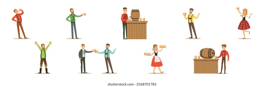 Man Character with Beer Relaxing at Pub or Bar and Woman Waitresses Vector Set