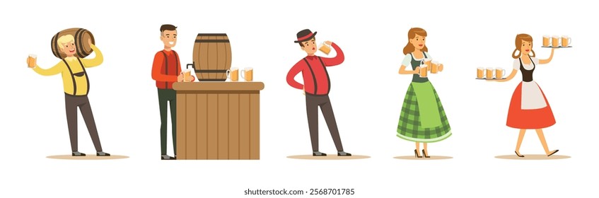 Man Character with Beer Relaxing at Pub or Bar and Woman Waitresses Vector Set