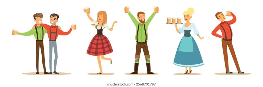 Man Character with Beer Relaxing at Pub or Bar and Woman Waitresses Vector Set