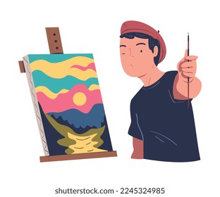 Man Character in Beret Drawing Nature Landscape with Easel and Brush on Canvas Vector Illustration