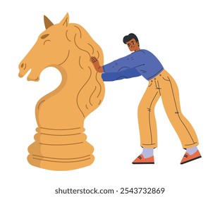 Man Character with Big Chess Knight Piece Vector Illustration