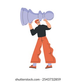 Man Character with Big Chess Pawn Piece Vector Illustration