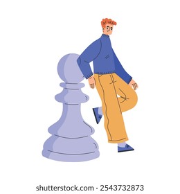 Man Character with Big Chess Pawn Piece Vector Illustration