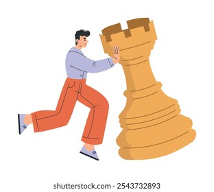 Personaje de hombre con gran Ilustración vectorial de piezas de torre de ajedrez