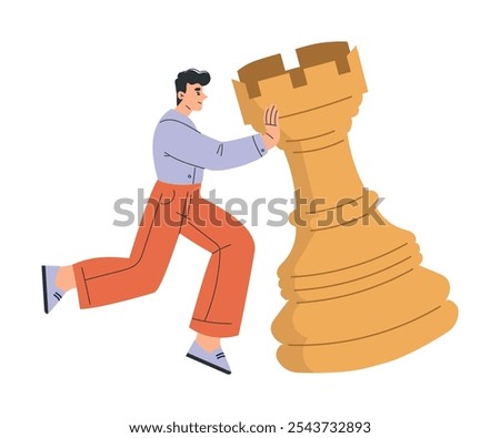 Man Character with Big Chess Rook Piece Vector Illustration