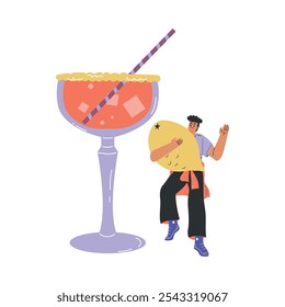 Man Character with Big Cocktail Glass Add Lemon Vector Illustration