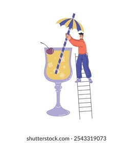 Man Character with Big Cocktail Glass on Ladder Add Straw Vector Illustration