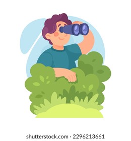 Man Character with Binoculars Behind Bush Looking Into the Distance Vector Illustration