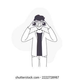 Man Character with Binoculars Looking in Future Observing Vector Illustration