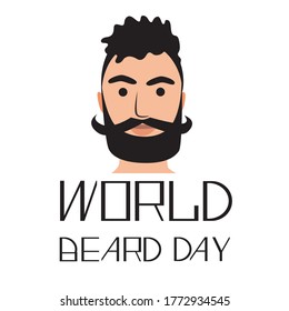 A man or character with a black beard and the text World Beard Day as a concept of men with a beard and mustache. Flat vector stock illustration as a postcard or card with text isolated on white