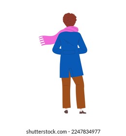 Man Character in Blue Coat and Scarf Standing Back View Vector Illustration