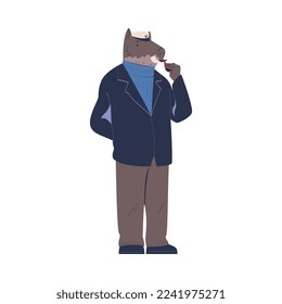 Man Character with Boar Animal Head Standing Wearing Seaman Jacket and Cap Smoking Pipe Vector Illustration