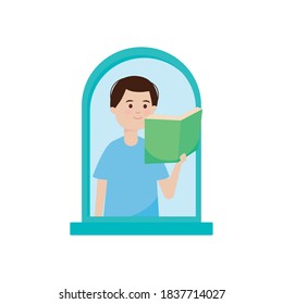 carácter man con libro mirando por la ilustración del vector de ventana