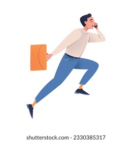 Man Character with Briefcase Hurrying Running Fast Speaking by Phone Feeling Panic of Being Late Vector Illustration