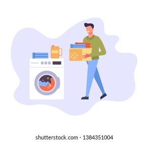 Man character bringing basket with dirty cloth wash. Housekeeping concept. Vector flat graphic design cartoon illustration