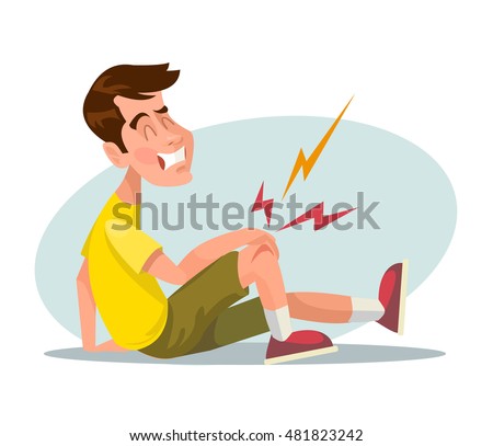 Man character with broken leg. Vector flat cartoon illustration