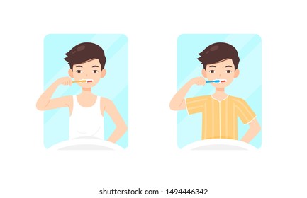 man character brushes his teeth, vector cartoon illustration, daily routine