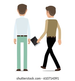 Man character in business casual standing backwards and walking with tablet in hand flat vector illustration isolated on white background. Office worker backward icon for business concept design