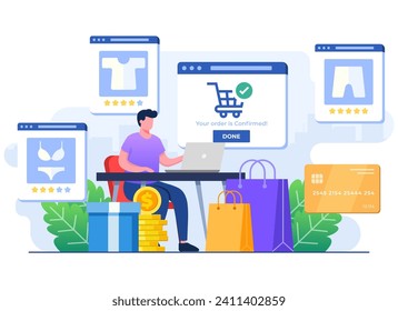 Man character buy clothes online using laptop, Online store, Online shopping, E-commerce website, Digital or virtual marketplace flat illustration for landing page, web design, infographic