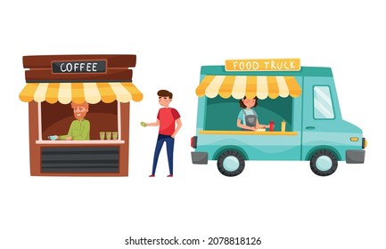 Man Character Buying Street Food at Coffee Stall and Truck Vector Set