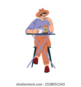 Man Character in Cafe Sitting on Chair with Tea Vector Illustration