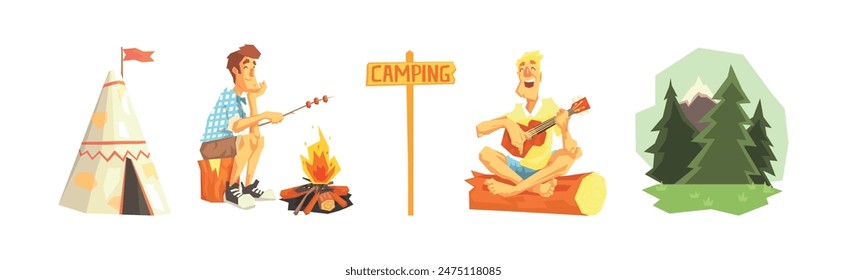 Man Character Camping Have Outdoor Adventure Vector Set